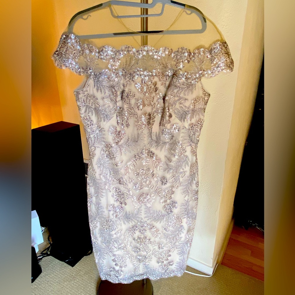 Size 16, mid length silver and lilac dress